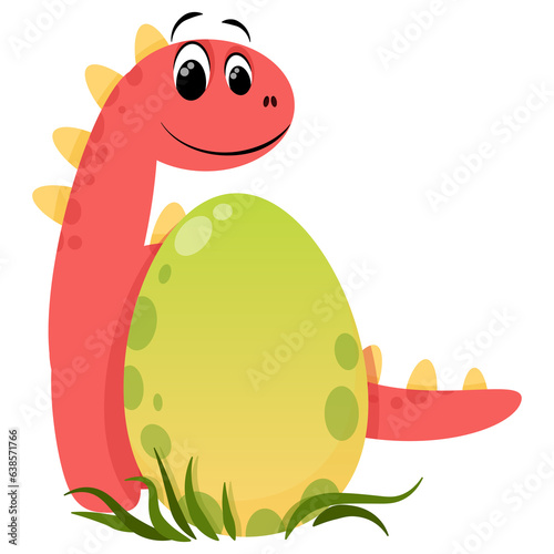 Cute cartoon dinosaur behind a big egg  photo