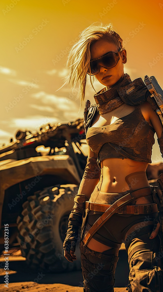 Futuristic Sci-Fi image of a young, attractive female gunslinger, showcasing strength and adventure