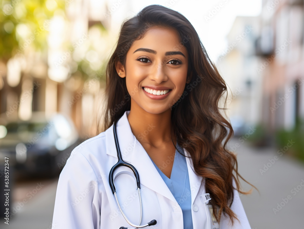 Portrait of friendly female doctor in workwear with stethoscope on neck Portrait of friendly female doctor in workwear with stethoscope on neck