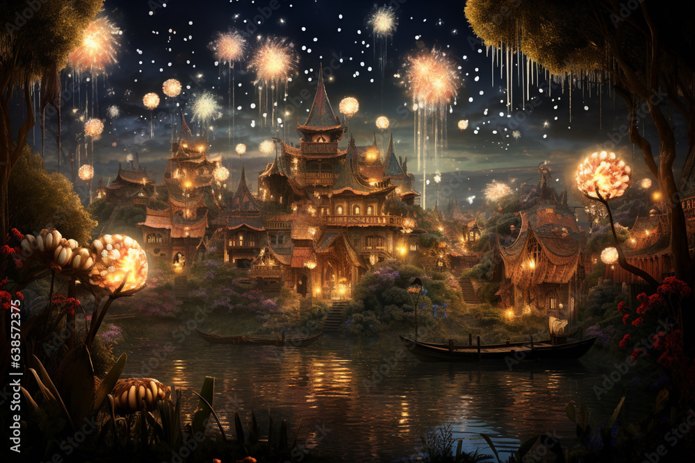 Generative AI, Fantasy, magic world. boat on the river and beautiful castle. fairy tales and children's imagination concept. Generative AI, Fantasy, magic world. boat on the river and beautiful castle. fairy tales and children's imagination concept.