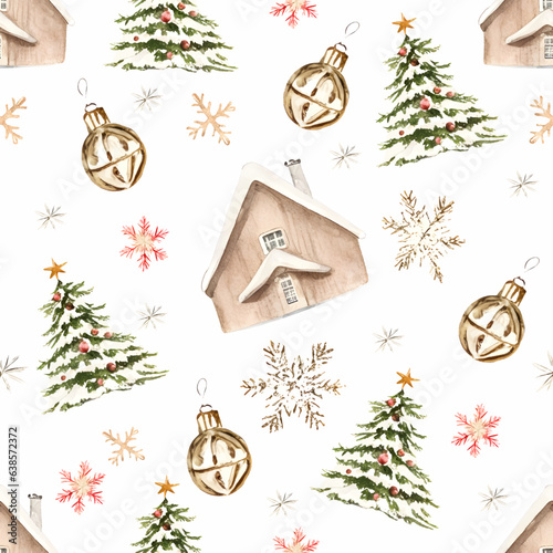 Christmas seamless pattern with fir trees, snowflakes, and houses. Watercolor
