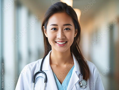 Portrait of friendly female doctor in workwear with stethoscope on neck