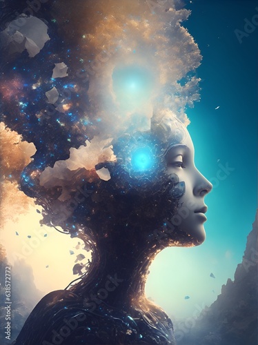 Photo of a woman's head with a surreal cloud-filled landscape inside