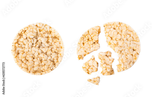 Round rice cakes isolated on white background. Crispbread.Puffed rice bread. diet crispy round rice cakes.Healthy food. dietary product.Collage. Design.