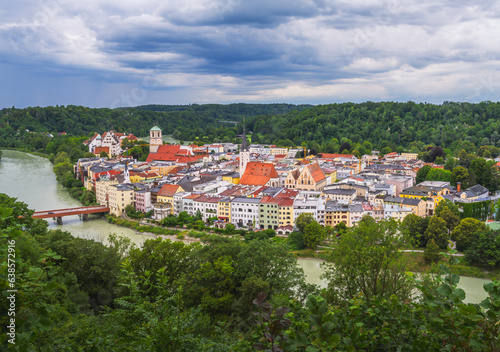 View over the old town of Wasserburg and the river Inn