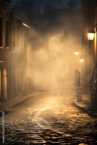 High Middle Ages town street. foggy night lit by street lights.