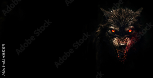 growling evil angry werewolf. horror banner. sharp teeth. sharp fangs. 