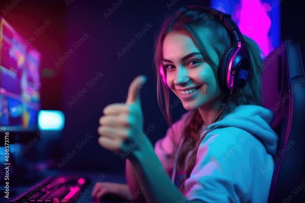 Streamer beautiful girl shows thumb up. Professional gamer playing online games computer. Generative AI