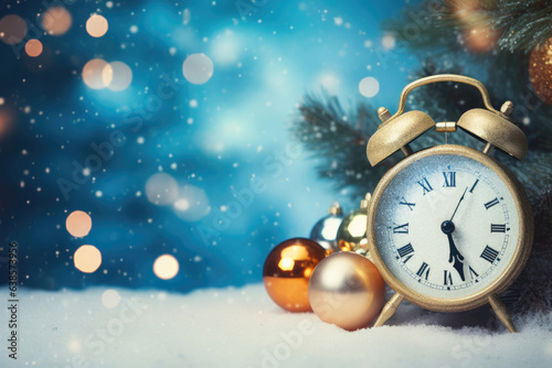 Christmas Clock Amidst Snow and Festive Ornaments