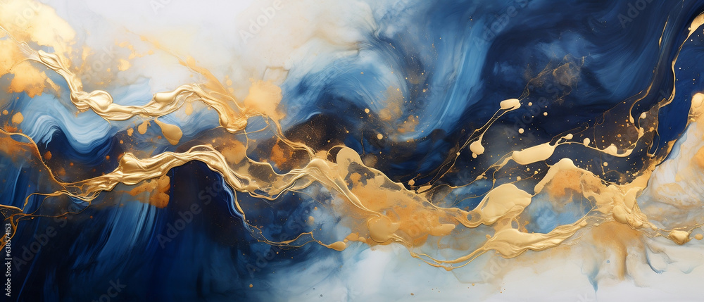 Tło abstrakcyjne olej na płótnie malowany farbami granatowymi i złotą farbą. Tekstura plamy.  - obrazy, fototapety, plakaty 