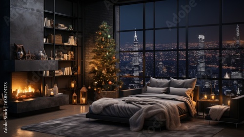 Interior of modern cozy luxurious studio with Christmas decor. Blazing hearth  burning candles  elegant Christmas tree  comfortable couch  bookshelves  panoramic windows with stunning city view.
