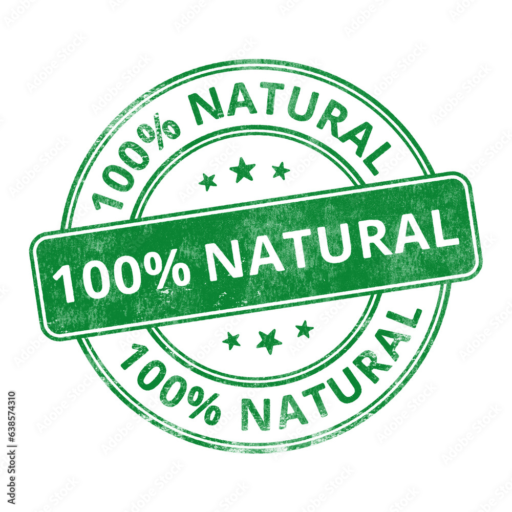 ‘100% Natural’ circular green rubber stamp seal with distressed texture isolated on transparent background ‘100% Natural’ circular green rubber stamp seal with distressed texture isolated on transparent background
