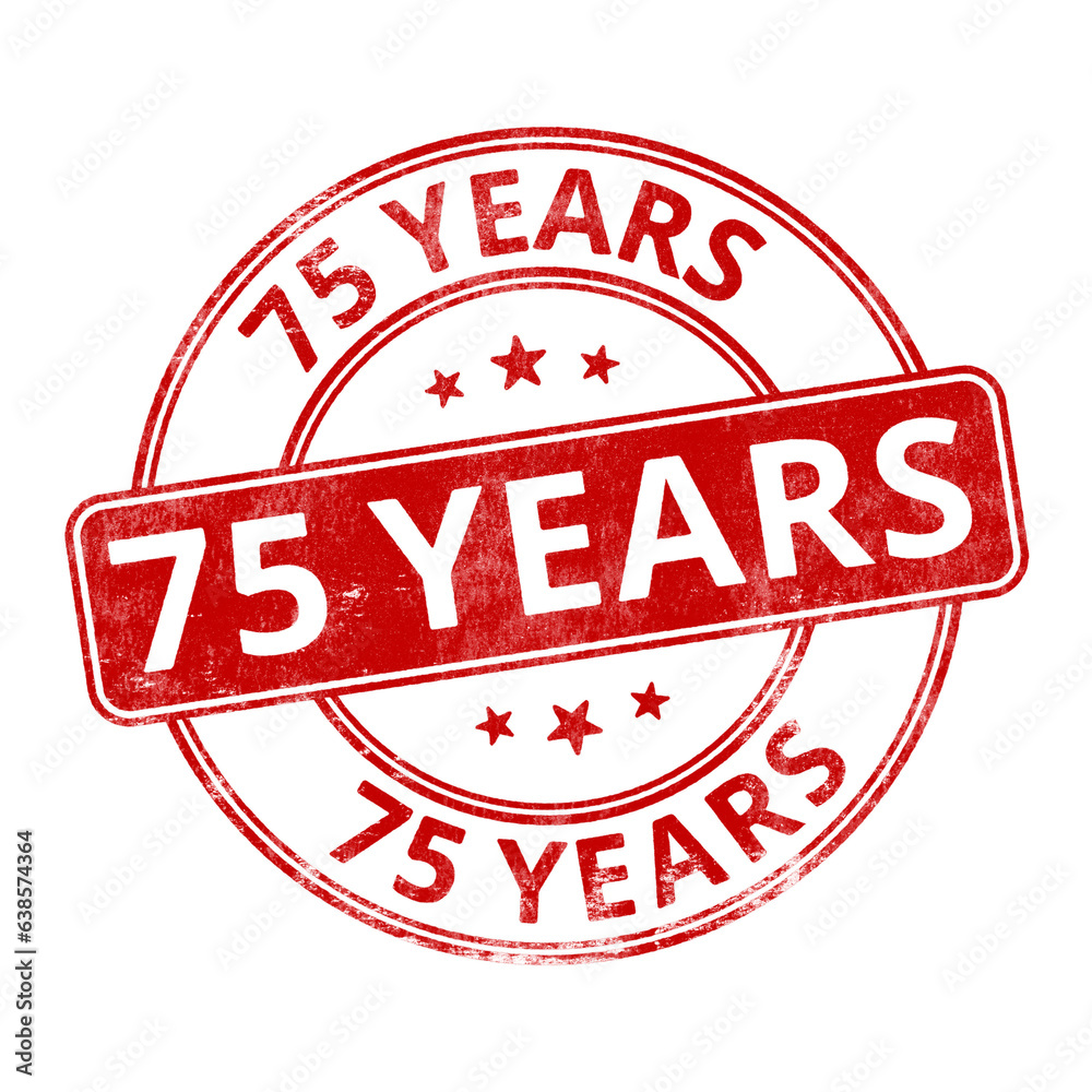 ‘75 Years’ circular red rubber stamp seal with distressed texture isolated on transparent background ‘75 Years’ circular red rubber stamp seal with distressed texture isolated on transparent background