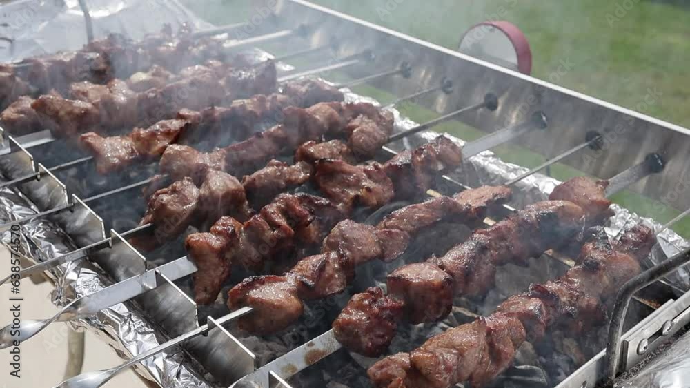 Fried shish kebab on an electric grill, close-up