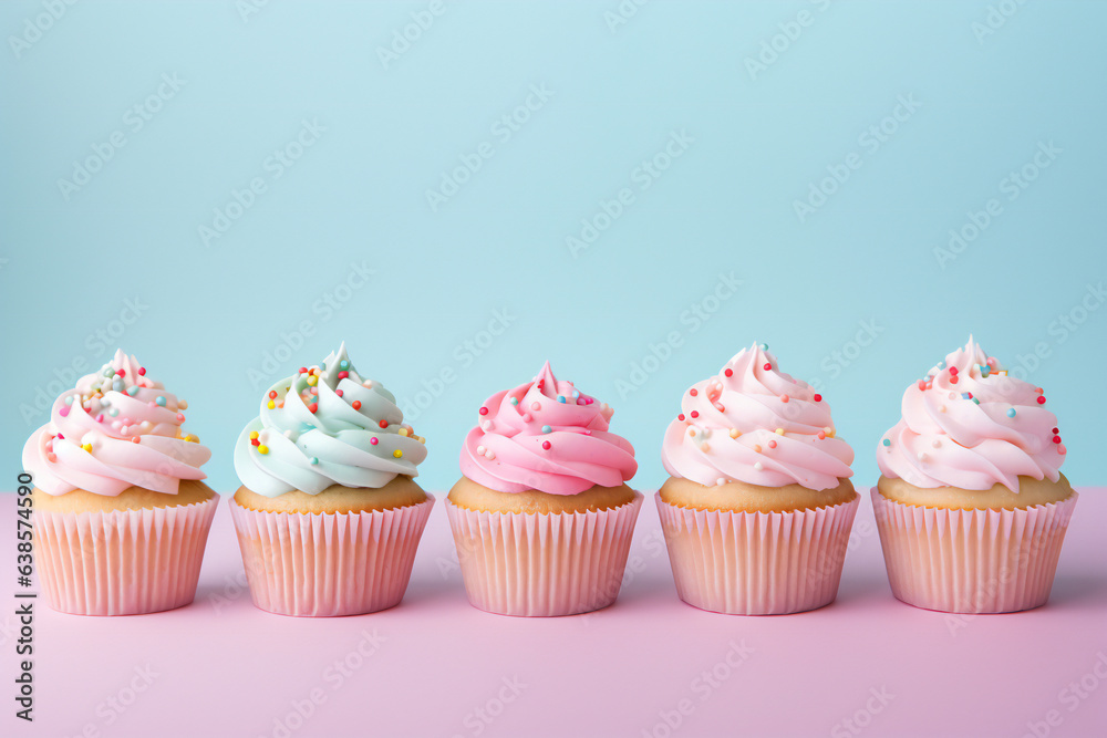 Sprinkle cupcakes on pastel colors background. Generative AI