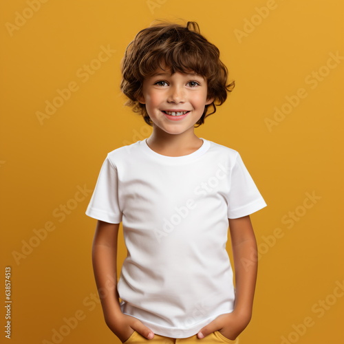 a boy in a casual style on yellow background.