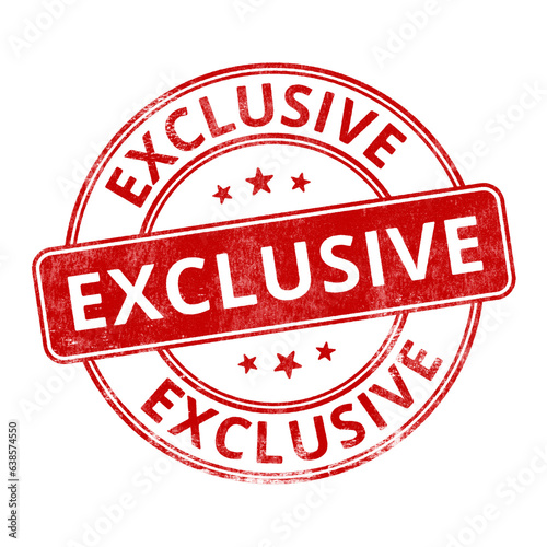 ‘Exclusive’ circular red rubber stamp seal with distressed texture isolated on transparent background