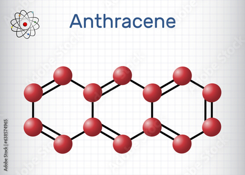 Anthracene molecule. It is polycyclic aromatic hydrocarbon PAH. Molecule model. Sheet of paper in a cage. Vector