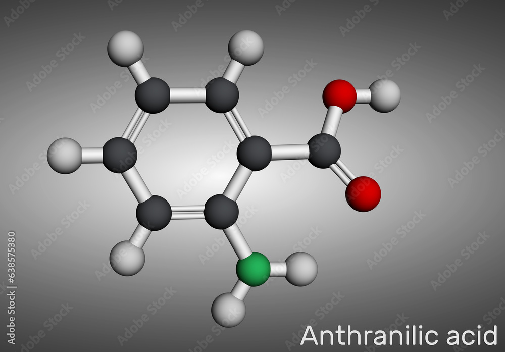 Obraz premium Anthranilic acid molecule. It is aminobenzoic aromatic acid. Molecular model. 3D rendering