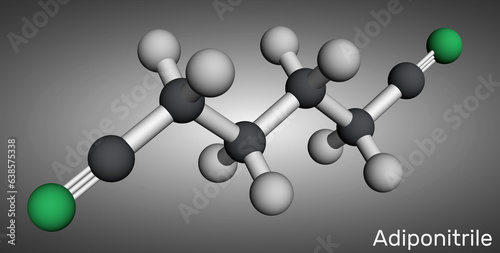Adiponitrile molecule. It is precursor to the polymer nylon 66. Molecular model. 3D rendering. photo
