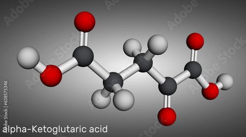 Alpha-ketoglutaric acid, 2-oxoglutaric acid, oxoglutarate, alpha ketoglutarate  molecule. It is intermediate metabolite in Krebs cycle. Molecular model. 3D rendering. photo