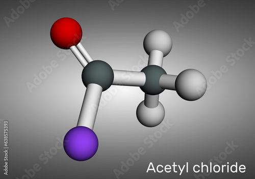 Acetyl chloride molecule. It is acyl chloride, acyl halide. Molecule model. Molecular model. 3D rendering. photo