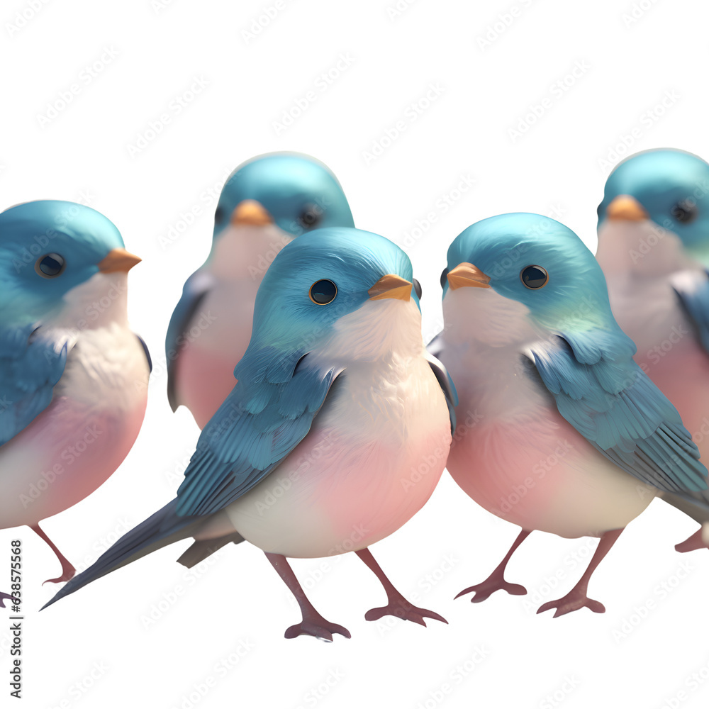 Blue and pink birds isolated on white background. 3D illustration.