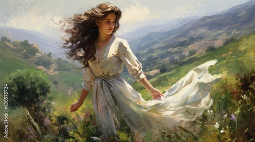 Oil painting artistic image of pretty woman, with a flowing summer dress, generative ai