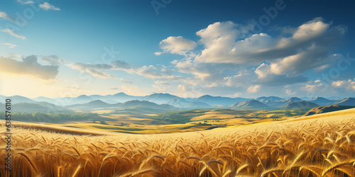 Scenic landscape of endless fields of ripe wheat against the backdrop of mountains