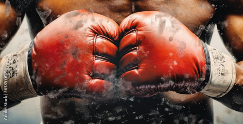 zwei rote Boxhandschuhe werden vor den Oberkörper aneinander gepresst, two red boxing gloves are pressed together in front of the torso photo