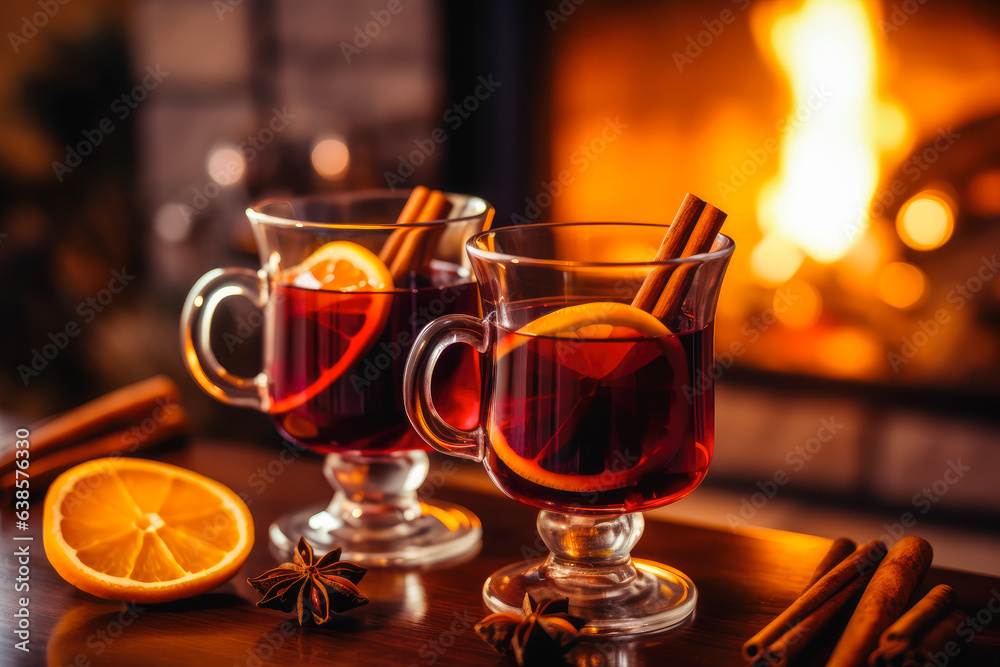 Christmas Mulled Red Wine with Orange and Spices. Generative AI.	
