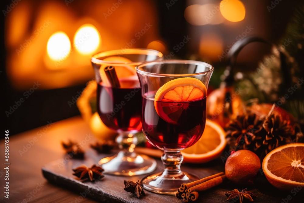 Christmas Mulled Red Wine with Orange and Spices. Generative AI.	
 - obrazy, fototapety, plakaty 