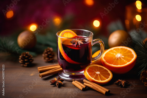 Christmas Mulled Red Wine with Orange and Spices. Generative AI.	
