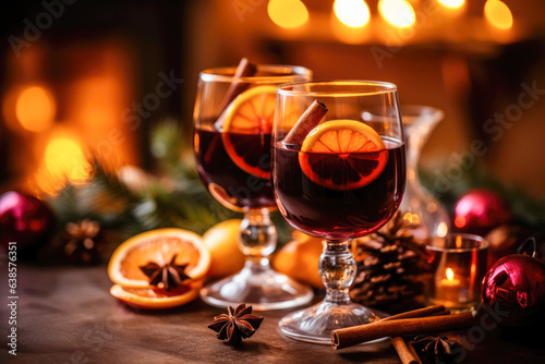 Christmas Mulled Red Wine with Orange and Spices. Generative AI.  