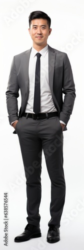portrait of a handsome young asian businessman standing full height. full male body seen. hands in pockets. looking forward. isolated on white background. Generative AI
