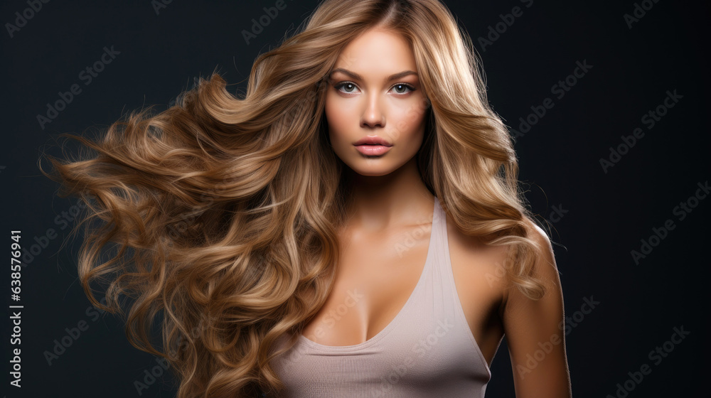 Obraz na płótnie Attractive beautiful model with long hair extension. Generative AI w salonie