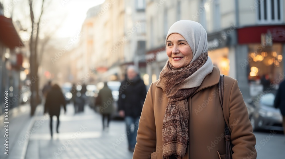senior muslim woman dressed in coat walking on the street senior muslim woman dressed in coat walking on the street