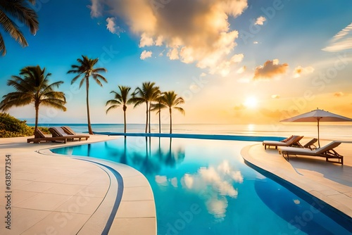Relaxing by the pool in a beach vacation paradise