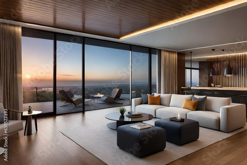 Modern living room bathed in sunlight with a comfortable sofa and a scenic view © Muhammad