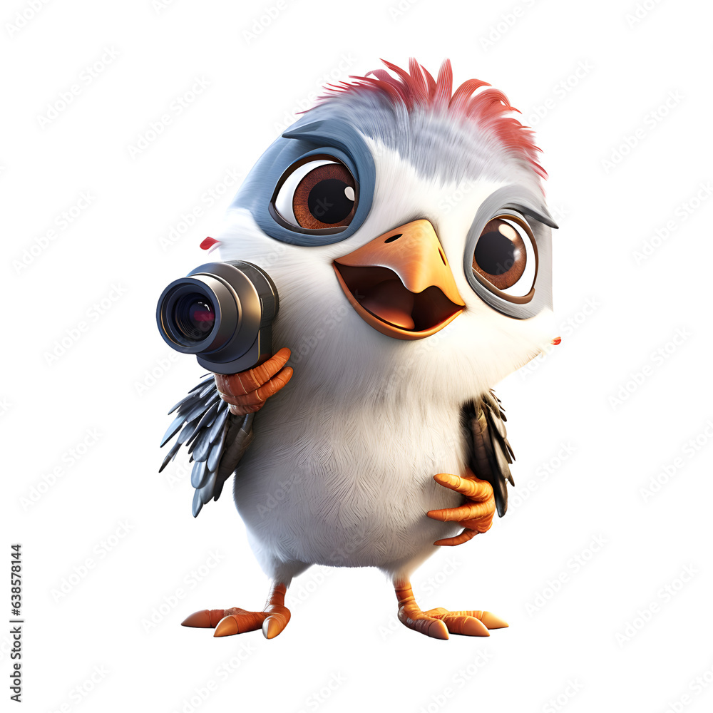 Cartoon chick with binoculars on white background - 3D Illustration