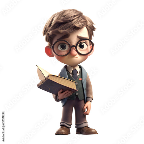 3D Render of a Little Boy with a Book Isolated on White Background