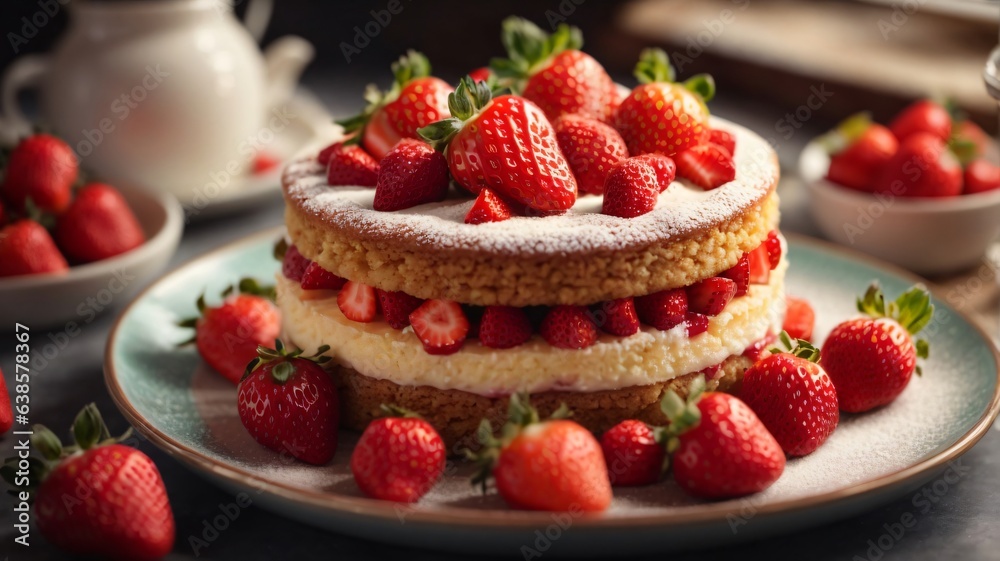 photo delicious and sweet cake with strawberries on a plate photo delicious and sweet cake with strawberries on a plate