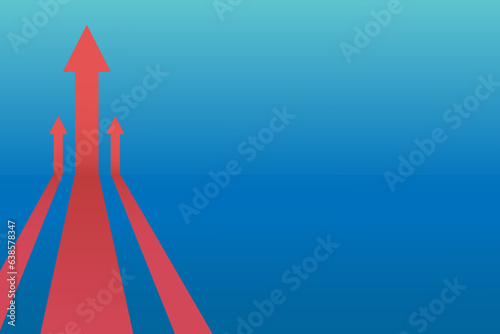 On a blue background, 3 red arrows go up. Financial growth, investment, income growth graph, sales concept, profit increase, financial report graph. Banner, vector.