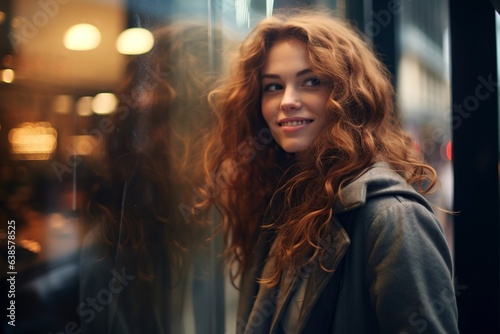 smiling young woman looking at shop window