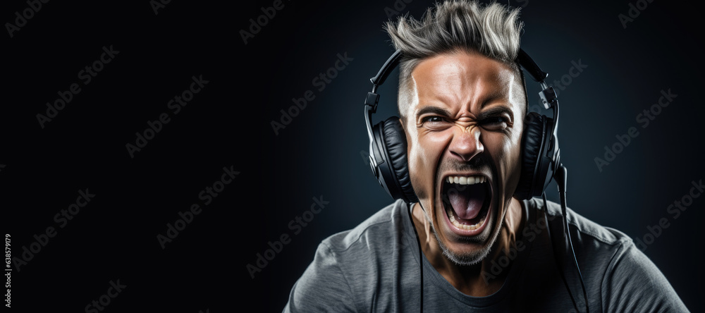 Fototapeta premium Shouting man annoyed by loud music. Annoyed man has loud music in headphones. Generative AI
