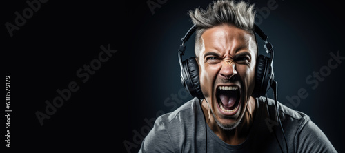 Shouting man annoyed by loud music. Annoyed man has loud music in headphones. Generative AI © piai