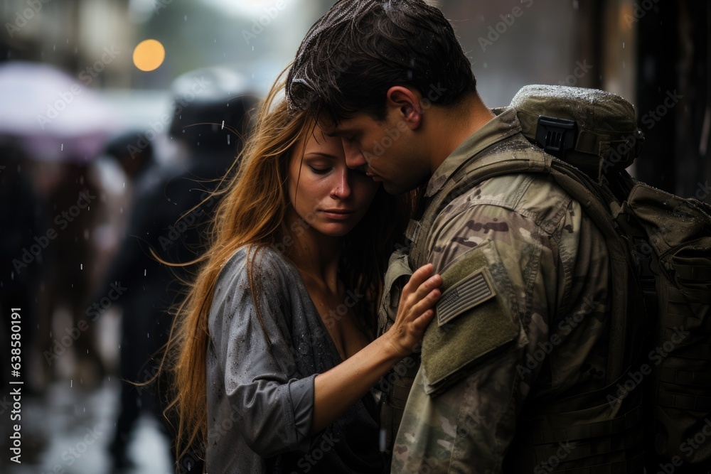Woman and soldier in a military uniform say goodbye before a separation. Generative AI