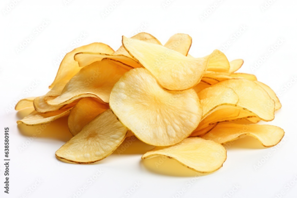 A pile of potato chips on a white background, created by Generative AI - obrazy, fototapety, plakaty 