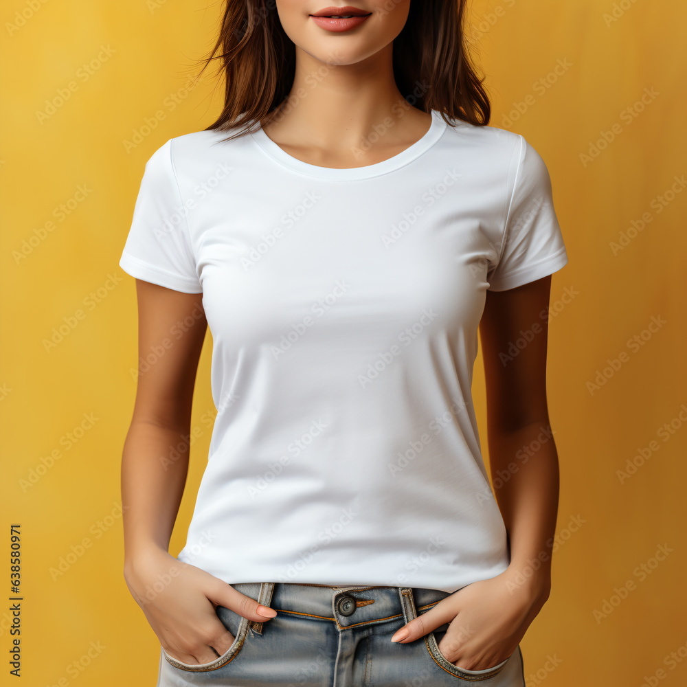 Sexy woman in a white T-shirt on the orange background. Mock-up. Sexy woman in a white T-shirt on the orange background. Mock-up.