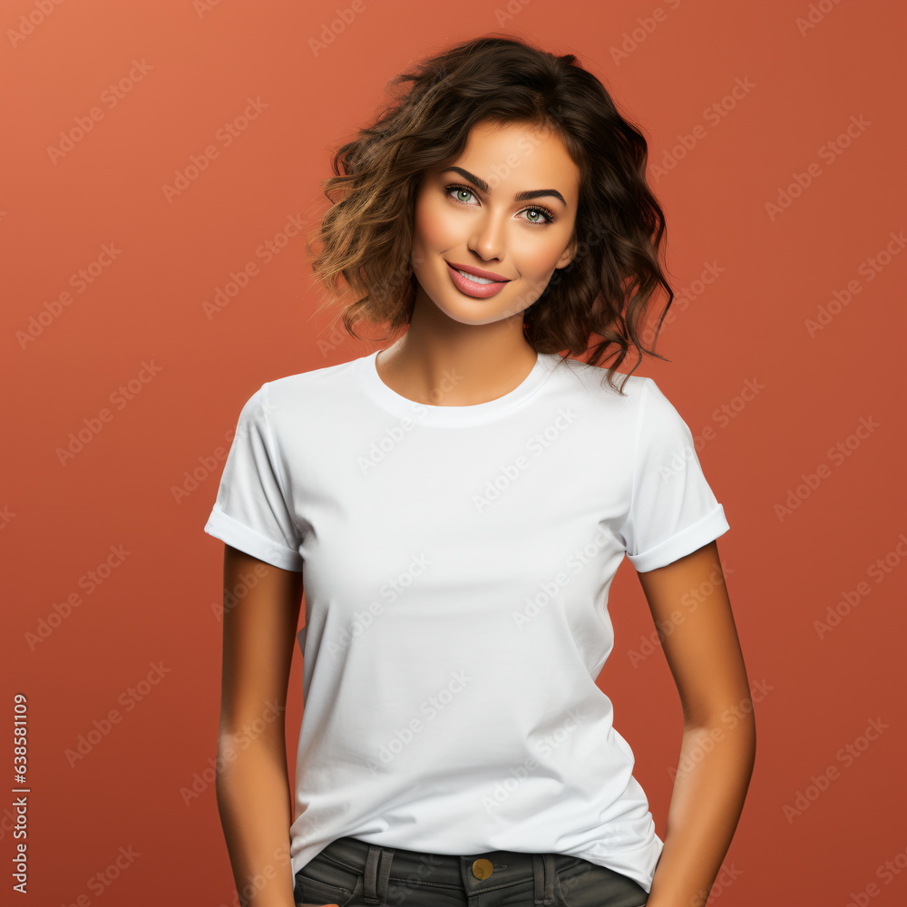 Sexy woman in a white T-shirt on the orange background. Mock-up. Sexy woman in a white T-shirt on the orange background. Mock-up.